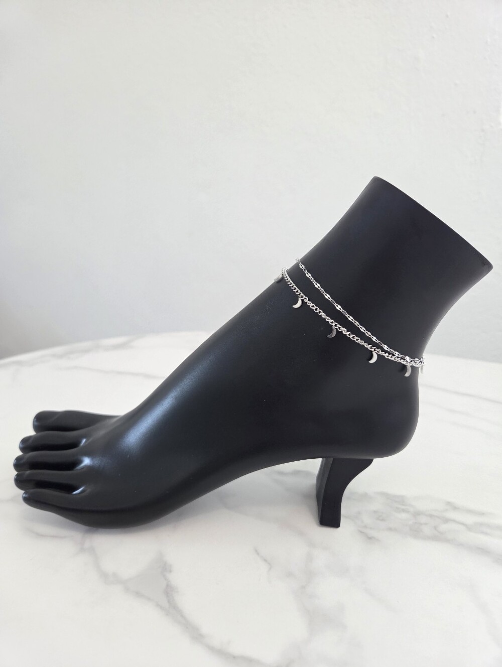 Silver Double Layer Crescent Moon Charm Anklet - Picture 3 of 12